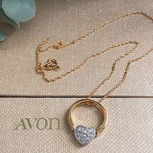 Vintage Avon GoldTone Heart Ring Necklace – Rhinestone Silver-Trim Pendant 299
